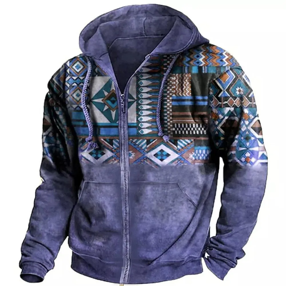 Men's Retro Casual Ethnic Style Geometric Print Zipper Hoodie 60305028TO