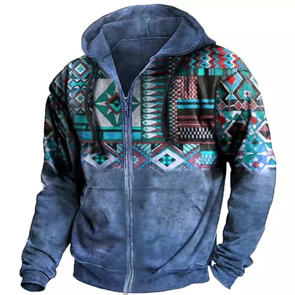 Men's Retro Casual Ethnic Style Geometric Print Zipper Hoodie 60305028TO