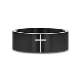 MINIMALIST CROSS Laser Engraved on Flat Black Tungsten Carbide Ring