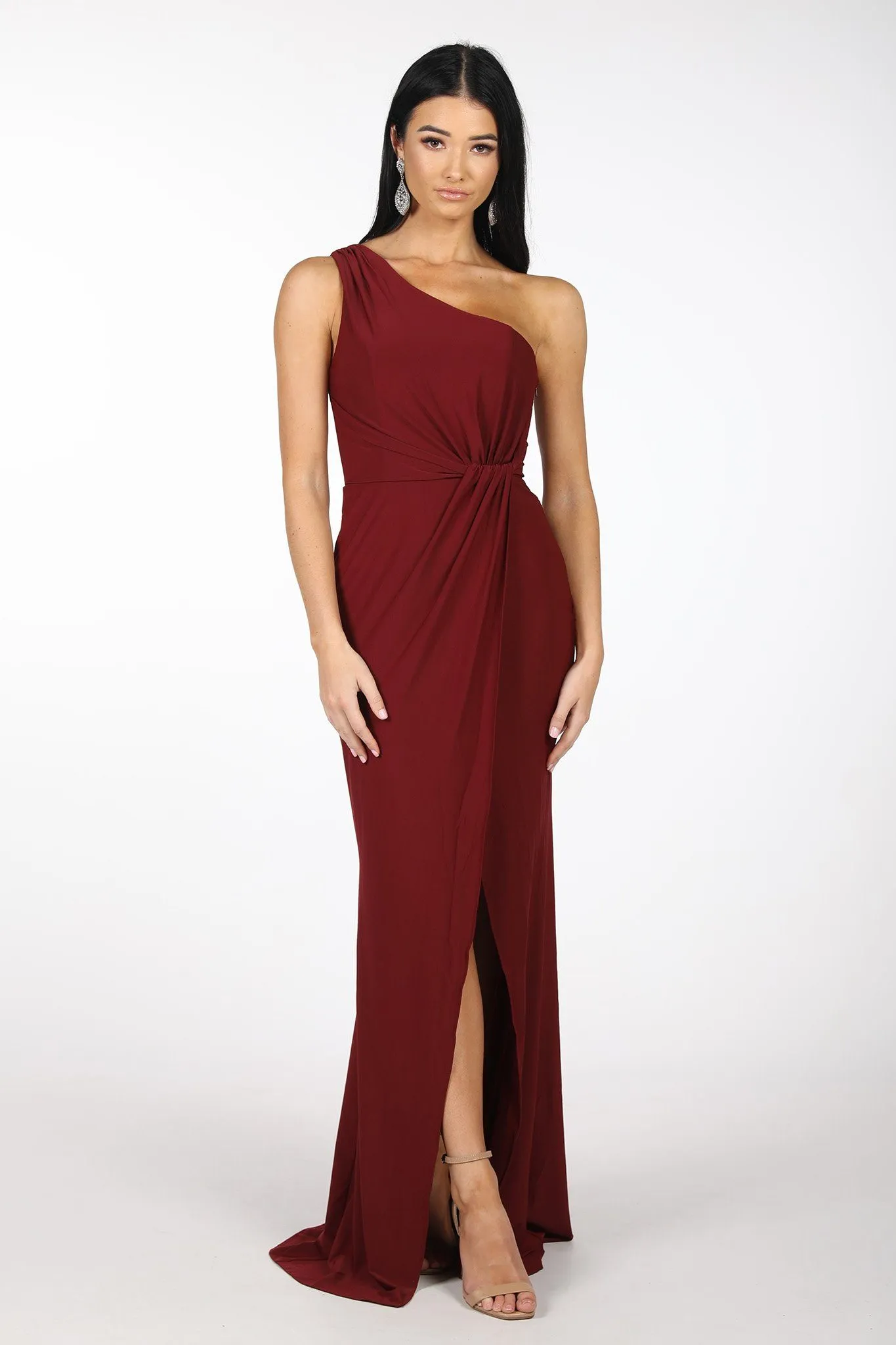 NELIA One Shoulder Maxi Column Dress - Wine