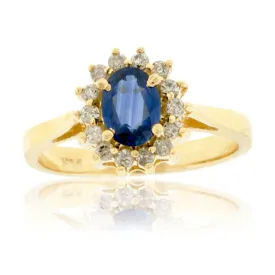 Oval Blue Sapphire & Classic Diamond Halo Ring