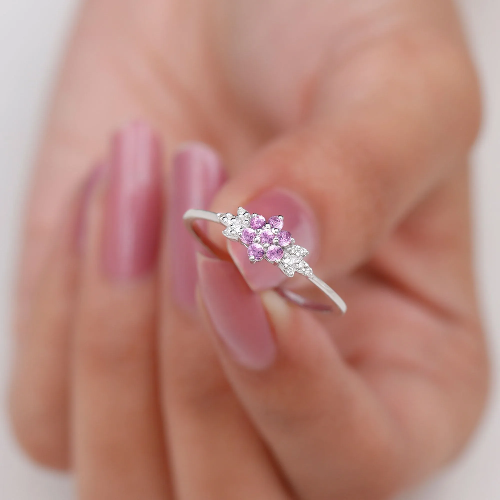 Pink Sapphire Flower Cluster Promise Ring with Diamond