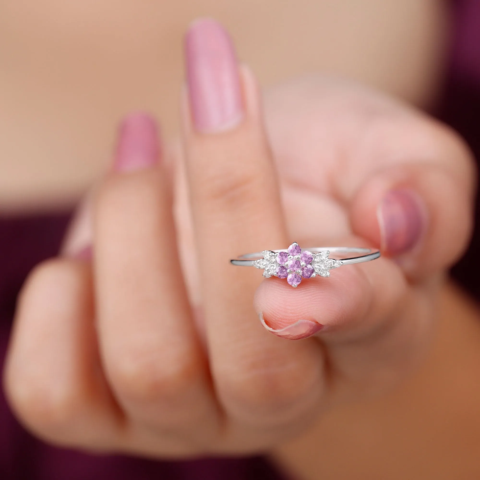 Pink Sapphire Flower Cluster Promise Ring with Diamond