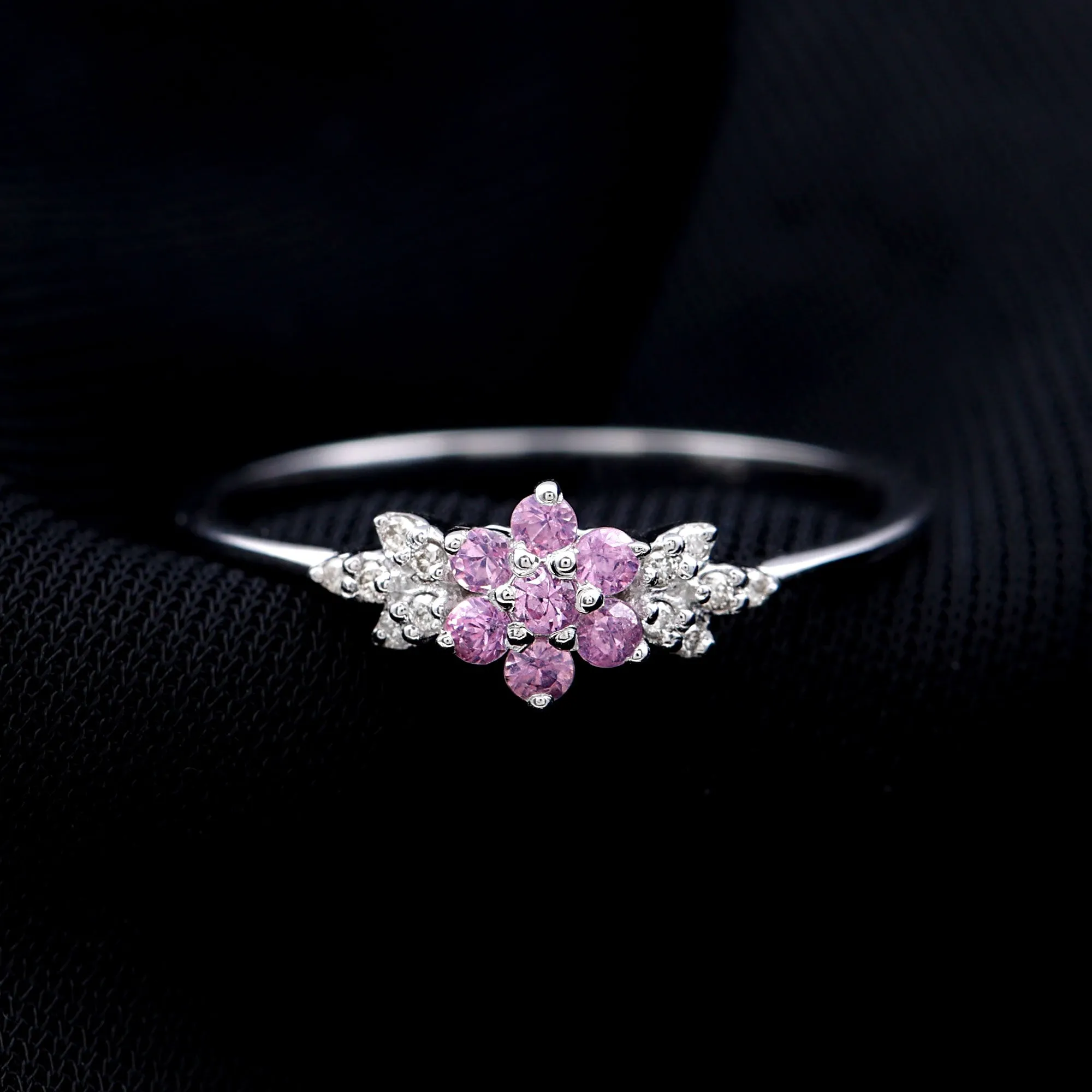 Pink Sapphire Flower Cluster Promise Ring with Diamond