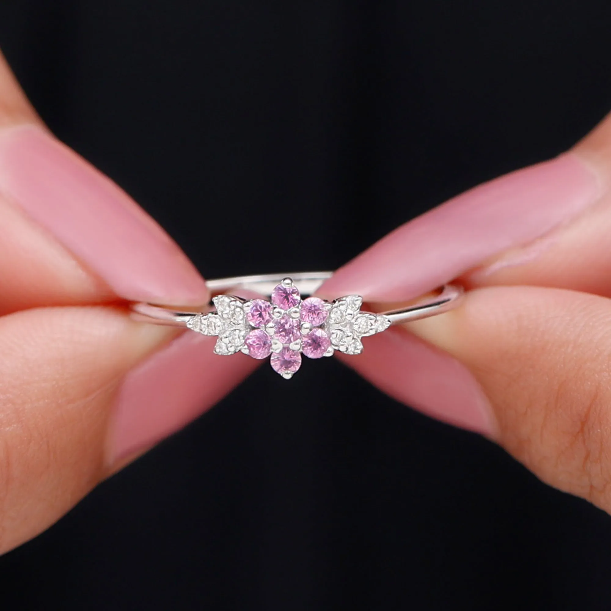 Pink Sapphire Flower Cluster Promise Ring with Diamond