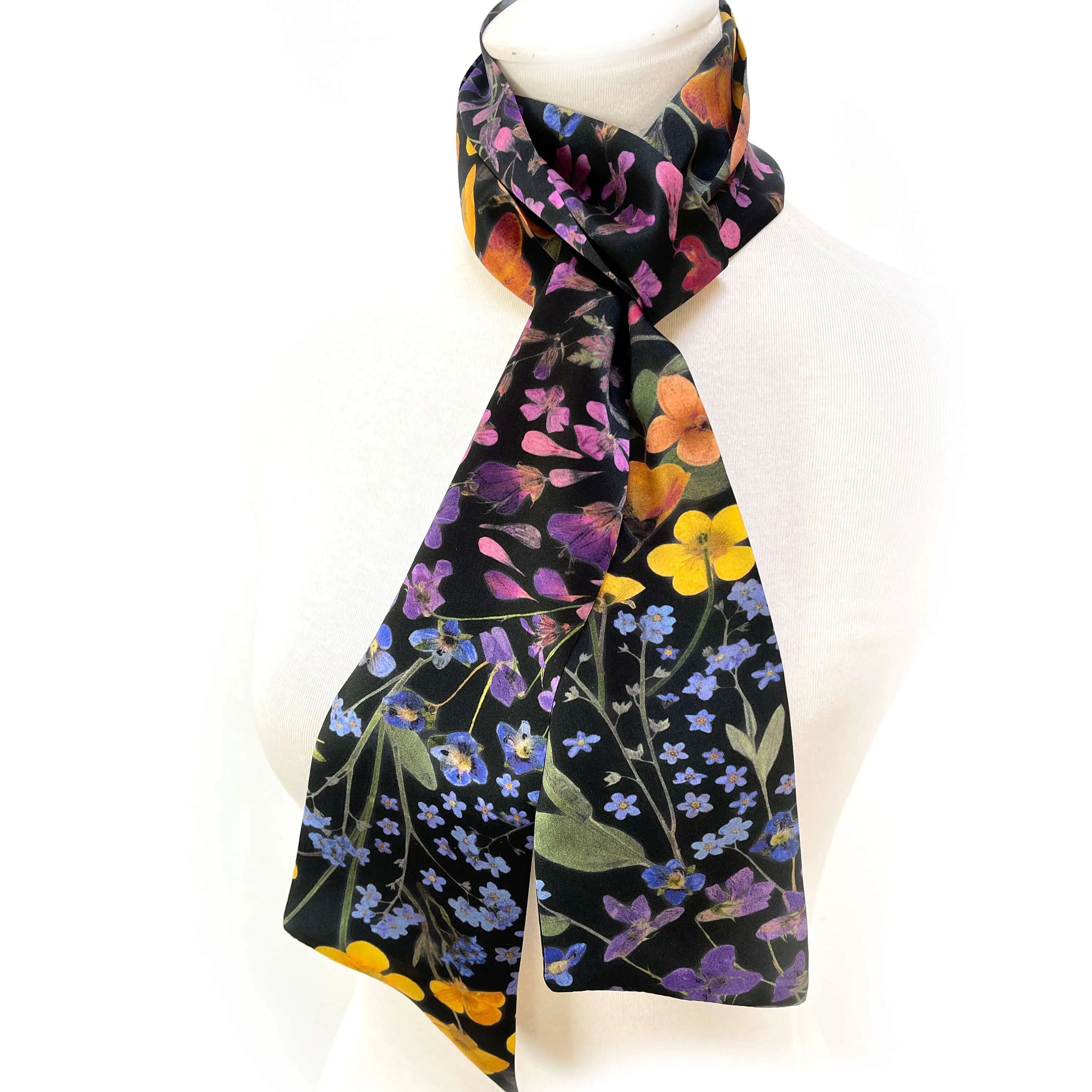 Pure Silk Scarf, Pressed Flower Scarf on Black, Womans Scarf, Hair Scarf, Neck Scarf, Headband, Designer Scarf, 100% Pure Silk