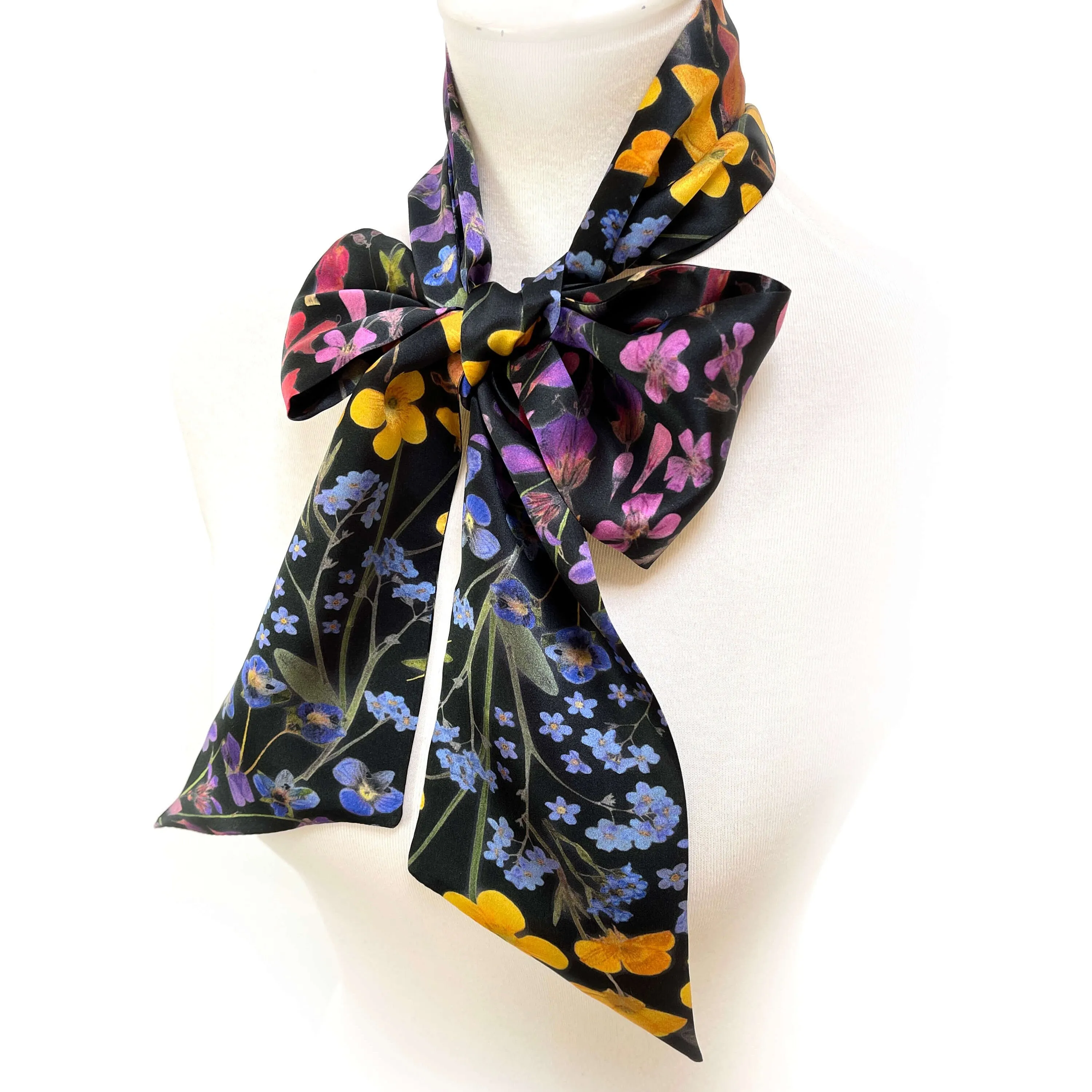 Pure Silk Scarf, Pressed Flower Scarf on Black, Womans Scarf, Hair Scarf, Neck Scarf, Headband, Designer Scarf, 100% Pure Silk