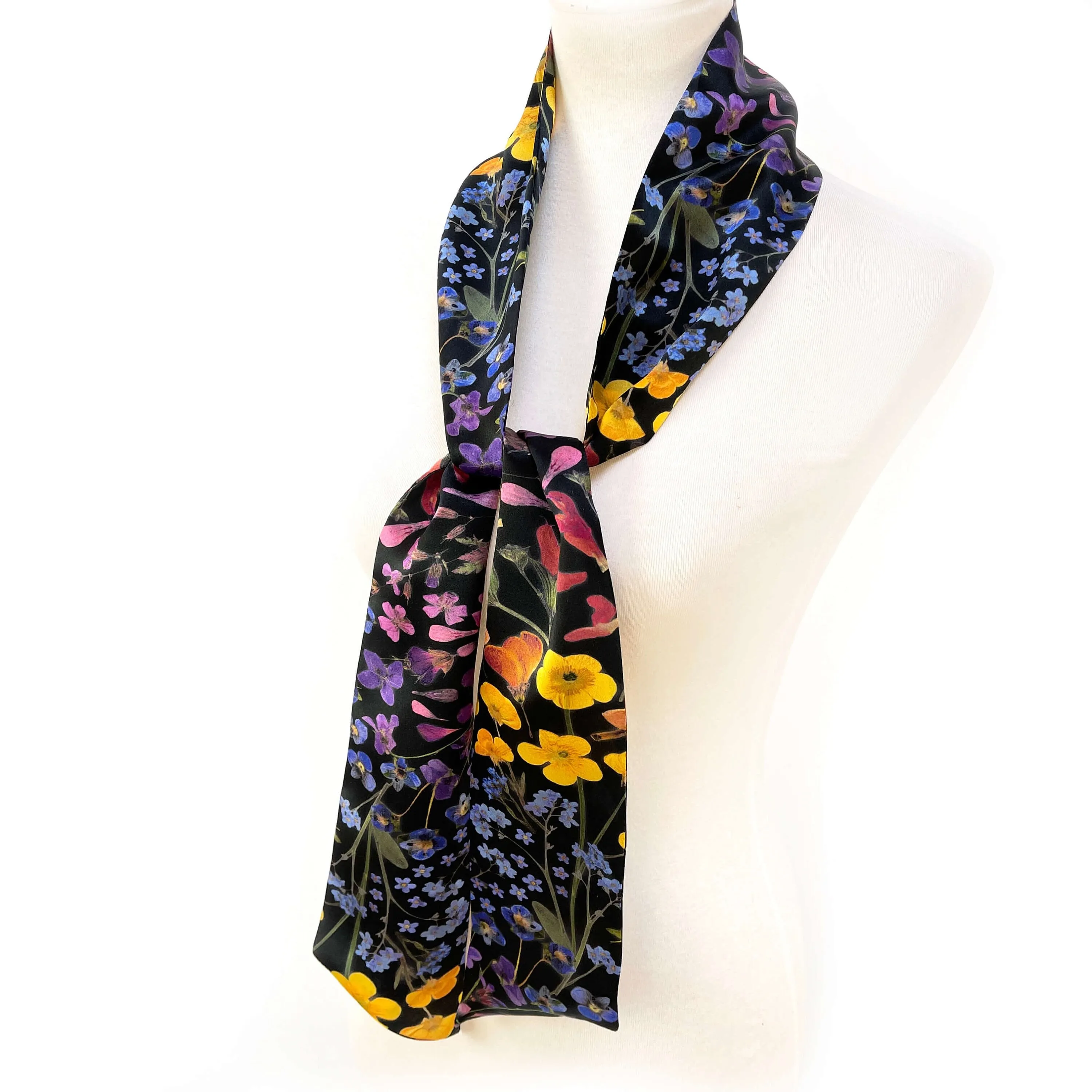 Pure Silk Scarf, Pressed Flower Scarf on Black, Womans Scarf, Hair Scarf, Neck Scarf, Headband, Designer Scarf, 100% Pure Silk