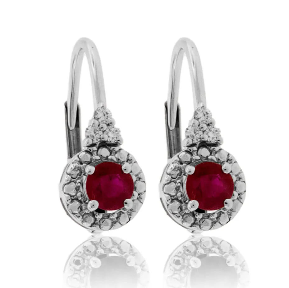 Round Ruby & Diamond Halo Dangle Earrings