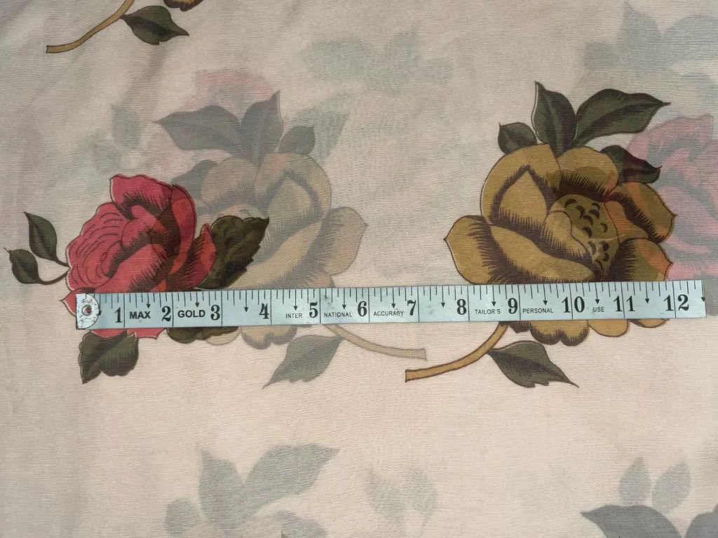 Silk chiffon printed  fabric cream with red and mustard  floral  44" wide [15480]