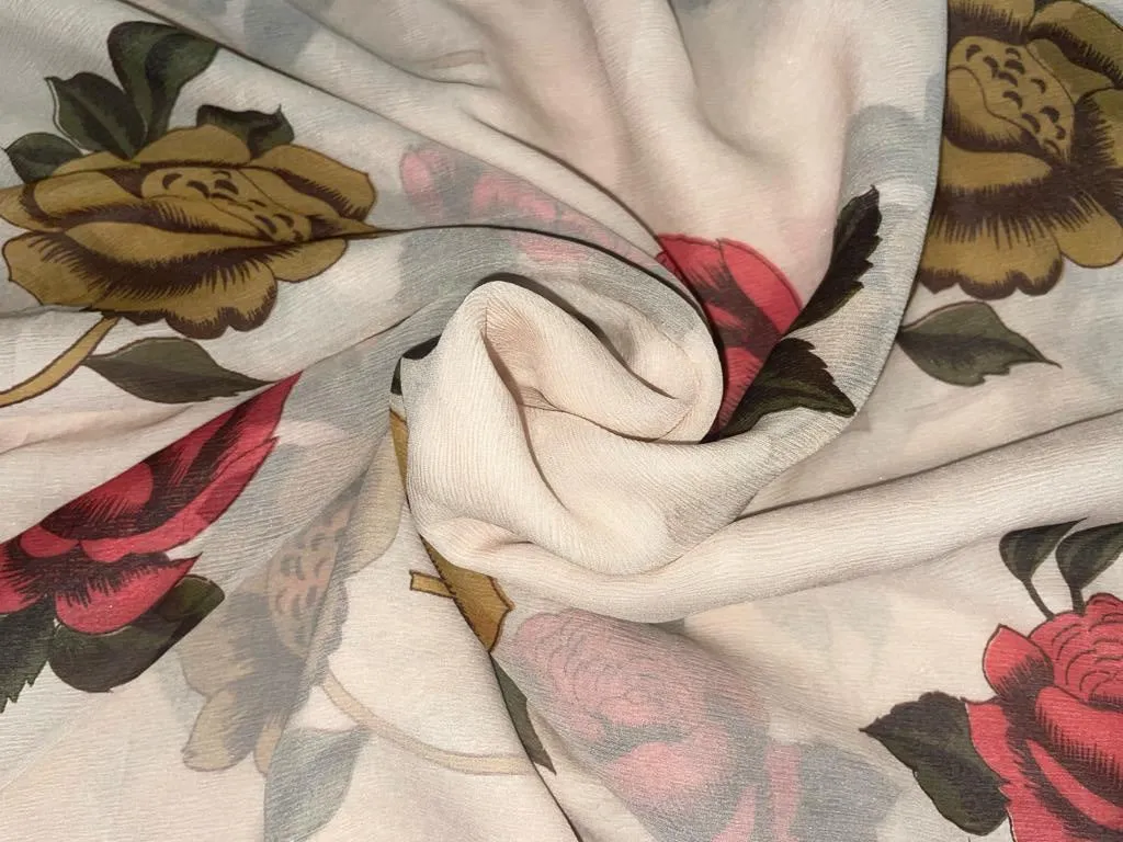 Silk chiffon printed  fabric cream with red and mustard  floral  44" wide [15480]