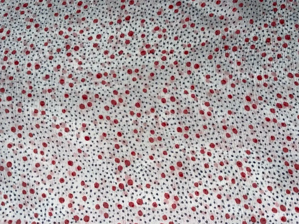 Silk chiffon printed fabric White with red and black dots  44" wide [15459]