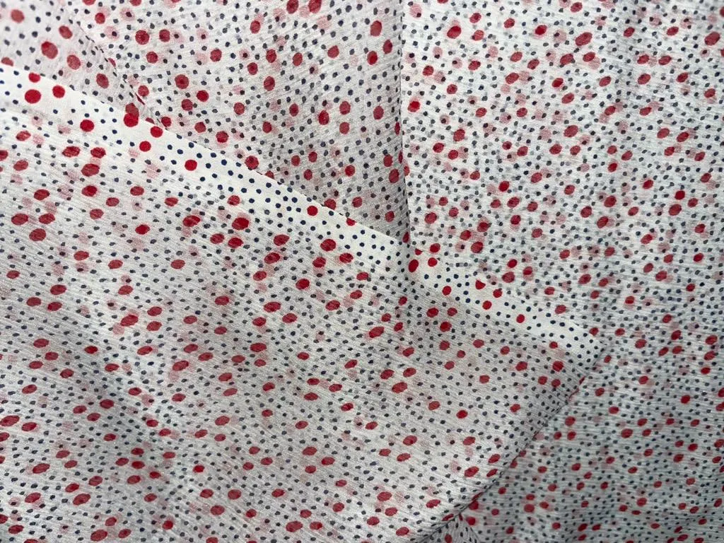 Silk chiffon printed fabric White with red and black dots  44" wide [15459]