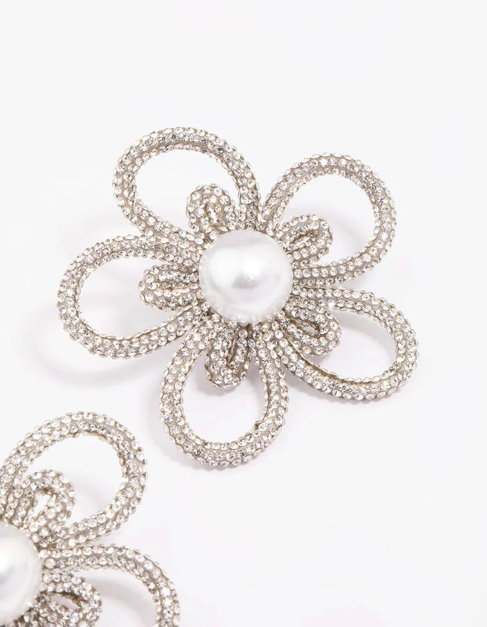 Silver Diamante & Pearl Flower Statement Stud Earrings