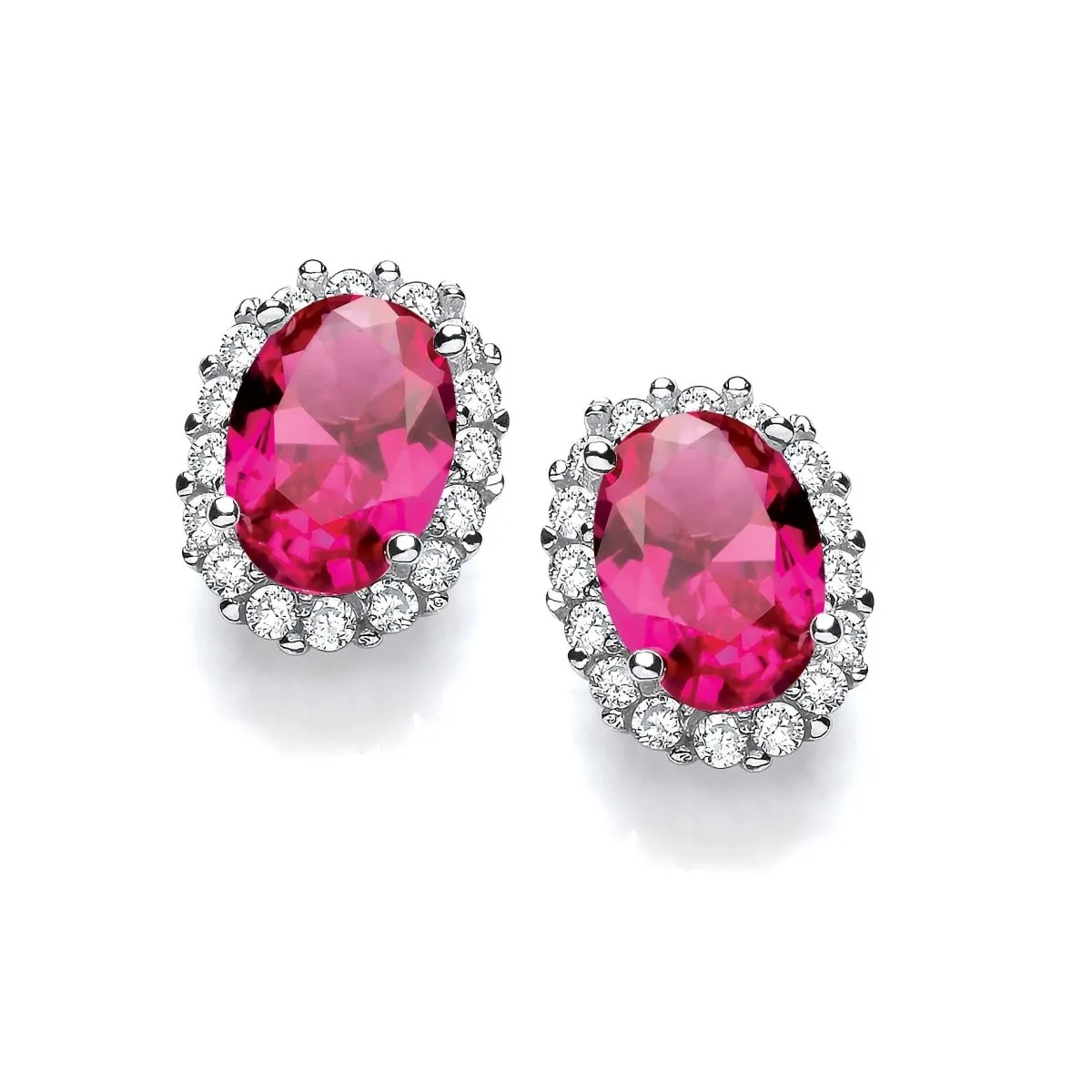 Sterling Silver Ruby Oval Cluster Stud Earrings