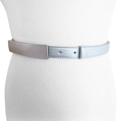 Thin Silver Faux Leather womens Belt with Modern Silver Buckle