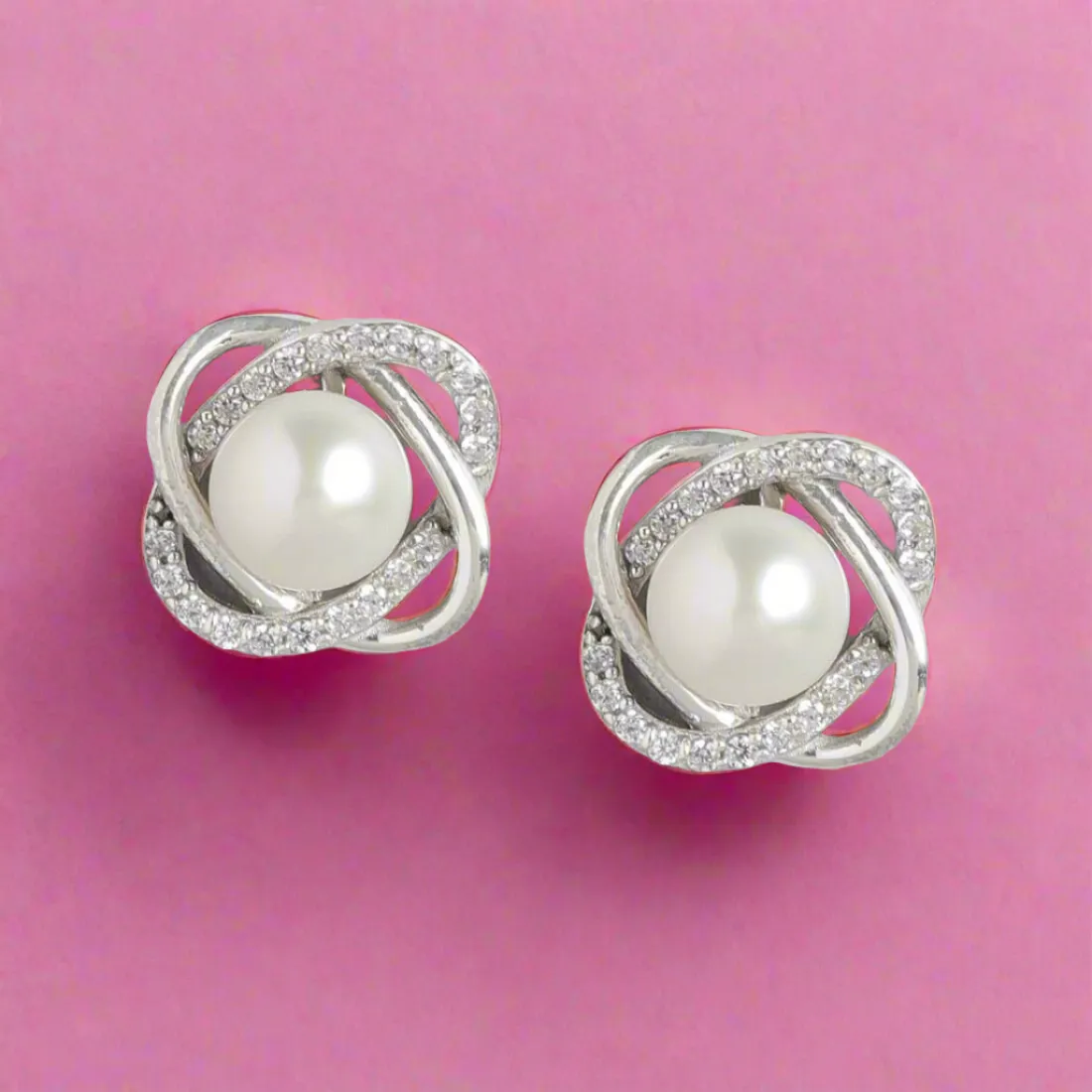 Timeless Elegance 925 Sterling Silver Stud Earrings with Cubic Zirconia & Pearl