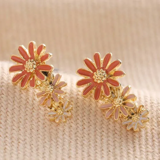 Triple Enamel Flower Stud Earrings in Gold