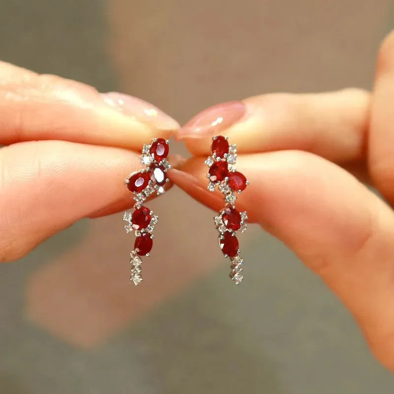 VAIGE Elegant Ruby Tassel Silver Stud Earrings with Vintage Charm