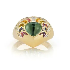 Wishing Well Shield Ring with Seafoam Green Tourmaline Cabochon in Feather