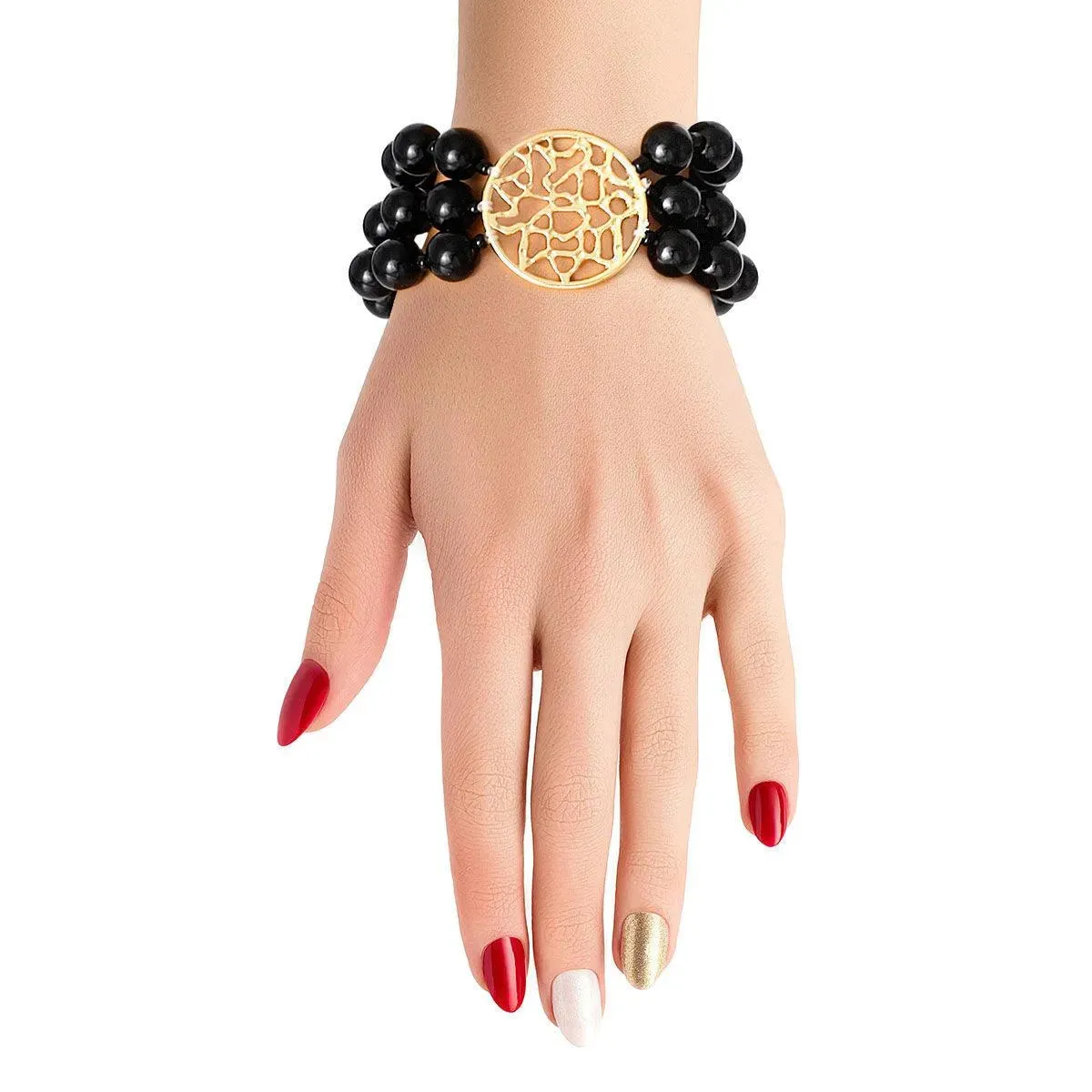 Women's Black Beaded Bracelet and Gold Medallion: Timeless Sophistication