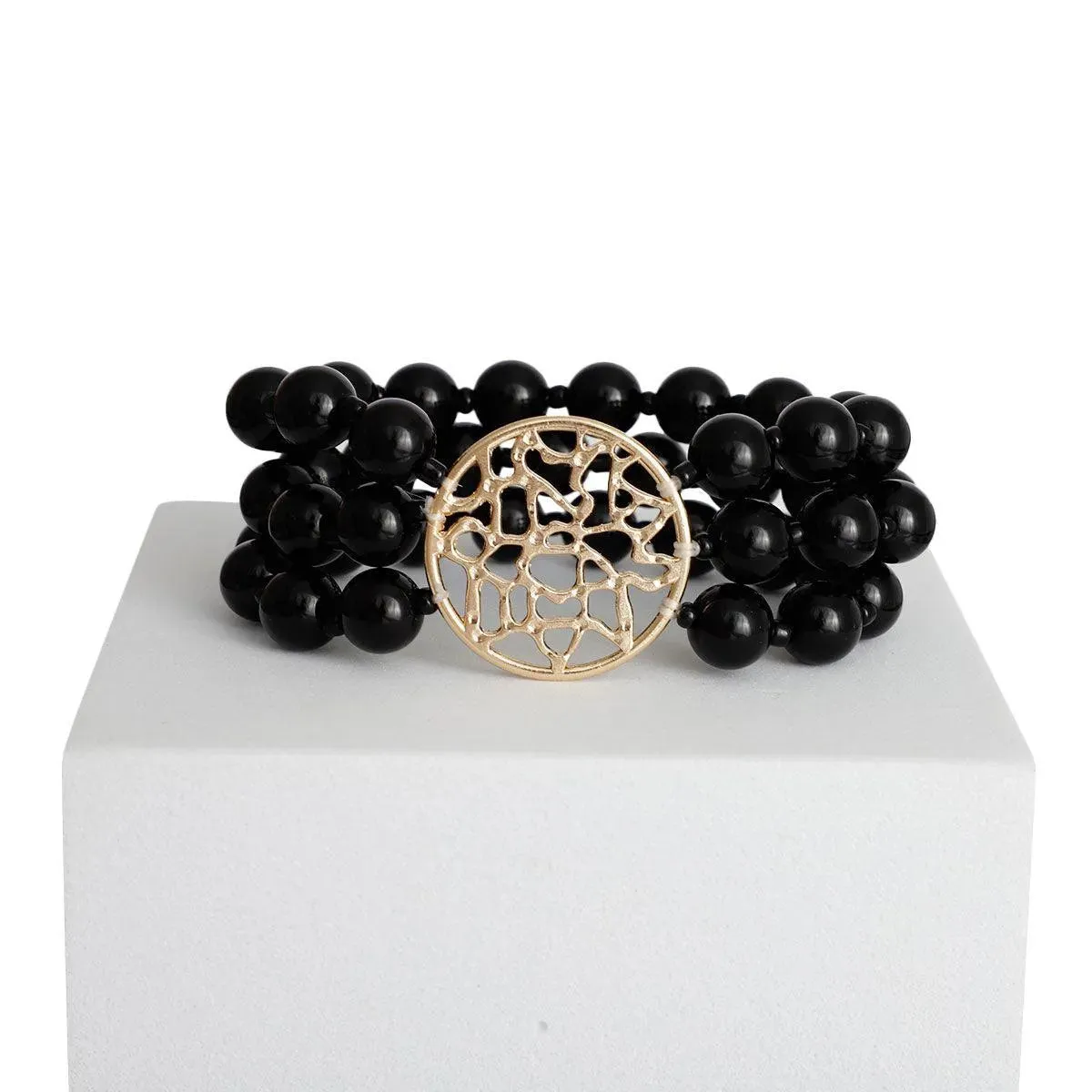 Women's Black Beaded Bracelet and Gold Medallion: Timeless Sophistication