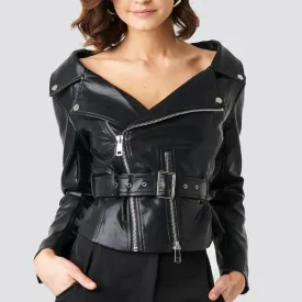 Women's Cropped Lambskin Leather Belted Moto Jacket WJ071