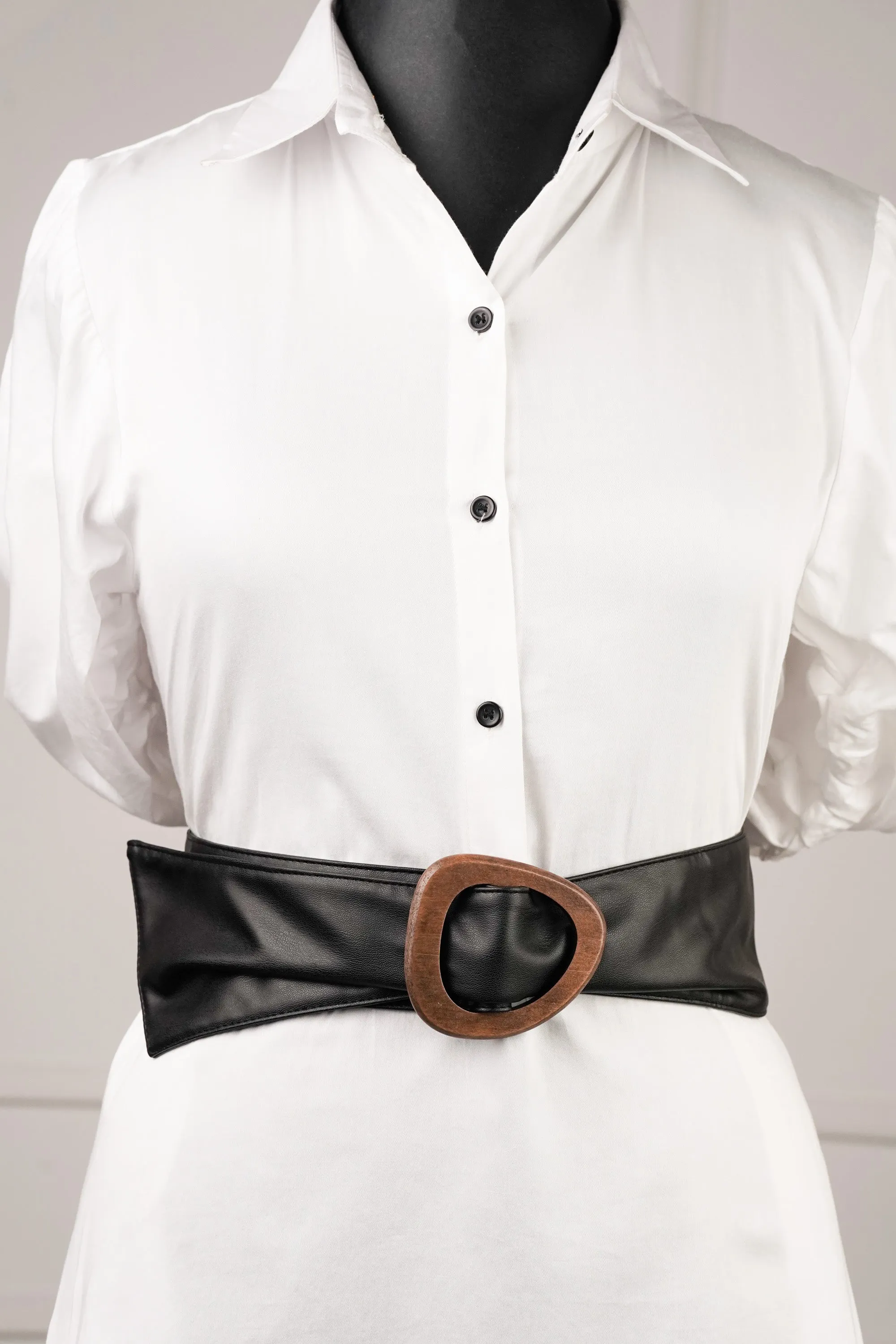 Wooden Buckle Black Waist Belt