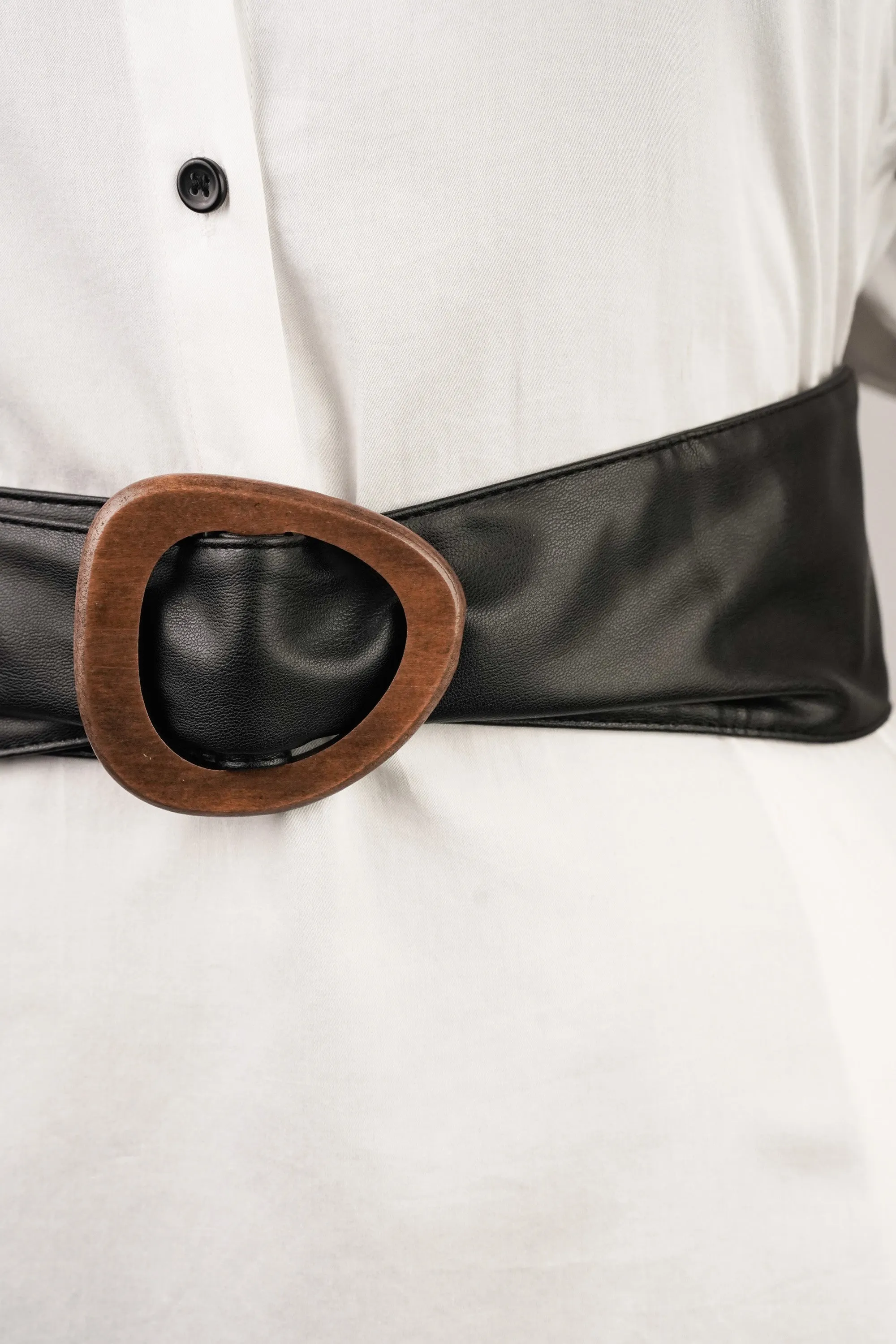 Wooden Buckle Black Waist Belt